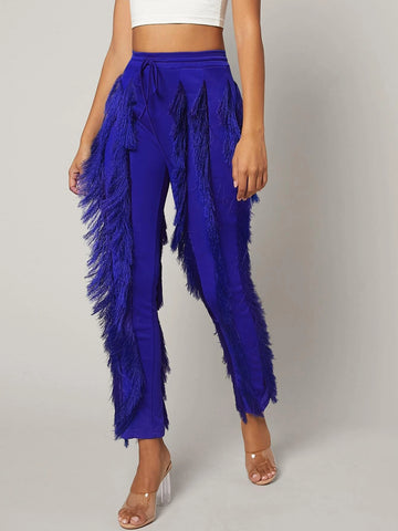 Fringe Trim Drawstring Waist Pants Fringe Trim Drawstring Waist Pants