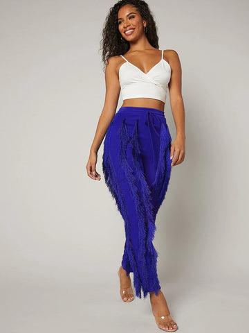 Fringe Trim Drawstring Waist Pants Fringe Trim Drawstring Waist Pants