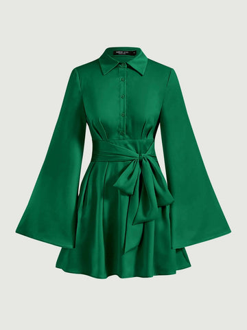 MOD Trumpet Sleeve Bow Front Ruffle Hem Shirt Dress MOD Trumpet Sleeve Bow Front Ruffle Hem Shirt Dress