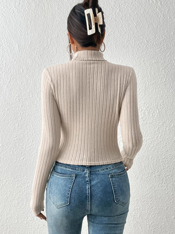 Ribbed Knit Cut Out Front Turtle Neck Tee Ribbed Knit Cut Out Front Turtle Neck Tee