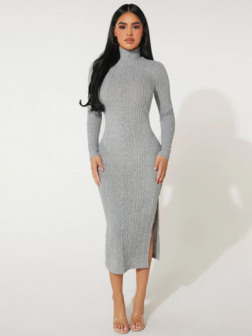 High Neck Ribbed Knit Bodycon Dress High Neck Ribbed Knit Bodycon Dress
