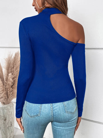 Asymmetrical Neck Ribbed Knit Tee Asymmetrical Neck Ribbed Knit Tee
