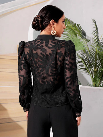 Contrast Lace Lantern Sleeve Mock Neck Top Without Bra Contrast Lace Lantern Sleeve Mock Neck Top Without Bra