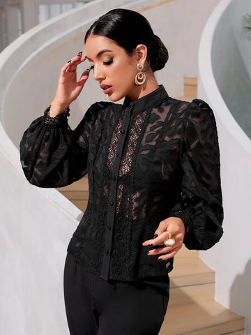 Contrast Lace Lantern Sleeve Mock Neck Top Without Bra Contrast Lace Lantern Sleeve Mock Neck Top Without Bra