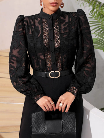 Contrast Lace Lantern Sleeve Mock Neck Top Without Bra Contrast Lace Lantern Sleeve Mock Neck Top Without Bra