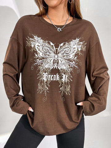 Butterfly & Letter Graphic Drop Shoulder Tee Butterfly & Letter Graphic Drop Shoulder Tee