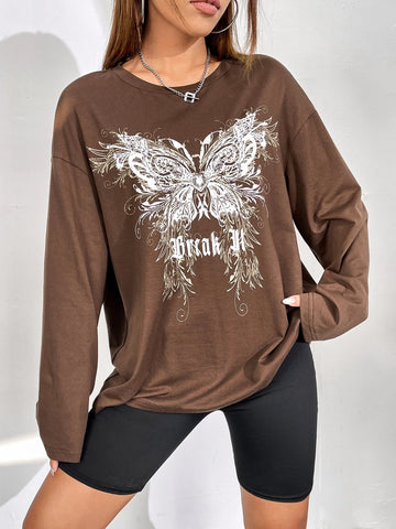 Butterfly & Letter Graphic Drop Shoulder Tee Butterfly & Letter Graphic Drop Shoulder Tee