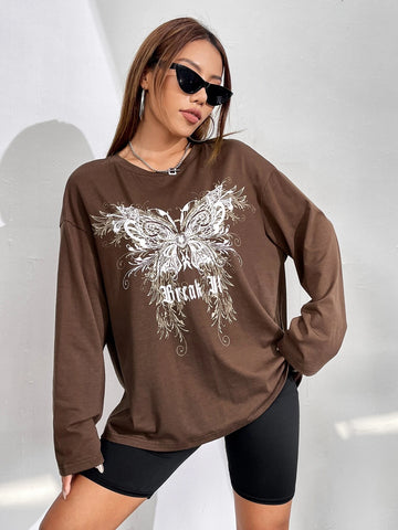 Butterfly & Letter Graphic Drop Shoulder Tee Butterfly & Letter Graphic Drop Shoulder Tee