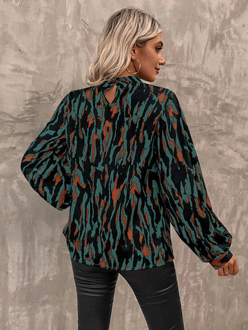 Allover Print Mock Neck Lantern Sleeve Blouse Allover Print Mock Neck Lantern Sleeve Blouse