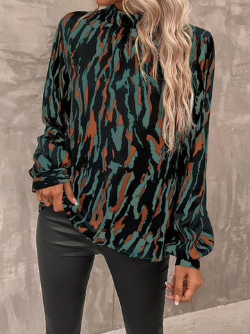 Allover Print Mock Neck Lantern Sleeve Blouse Allover Print Mock Neck Lantern Sleeve Blouse