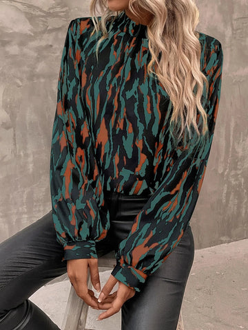 Allover Print Mock Neck Lantern Sleeve Blouse Allover Print Mock Neck Lantern Sleeve Blouse