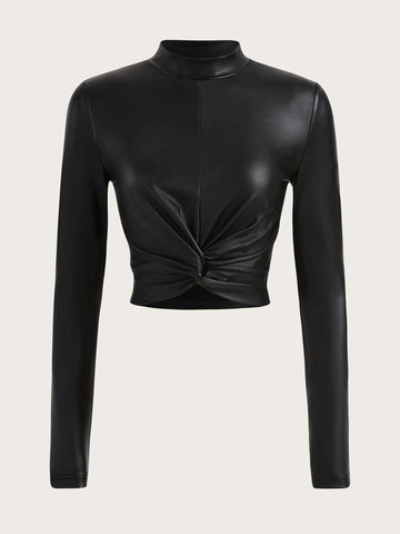 Twist Front Mock Neck PU Leather Tee Twist Front Mock Neck PU Leather Tee