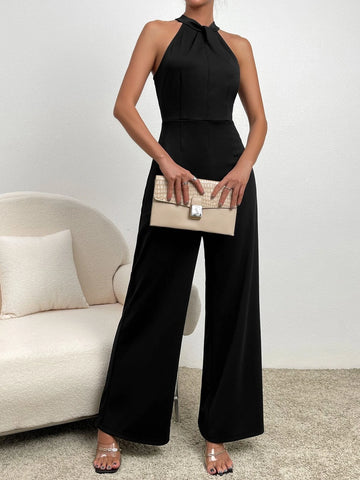Zipper Back Halter Neck Wide Leg Jumpsuit Zipper Back Halter Neck Wide Leg Jumpsuit