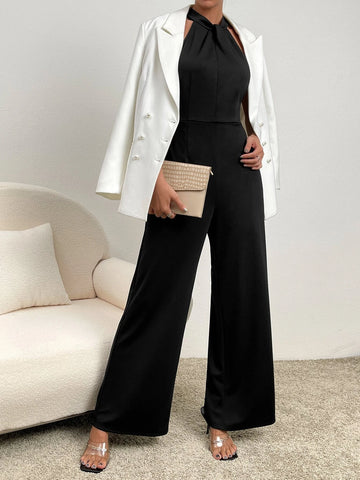 Zipper Back Halter Neck Wide Leg Jumpsuit Zipper Back Halter Neck Wide Leg Jumpsuit