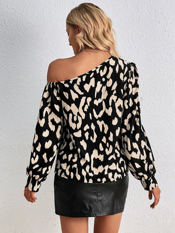 Allover Print Asymmetrical Neck Blouse Allover Print Asymmetrical Neck Blouse