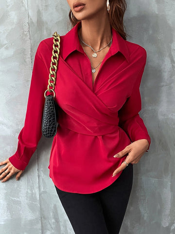 Solid Wrap Front Tie Back Pleated Detail Blouse Solid Wrap Front Tie Back Pleated Detail Blouse