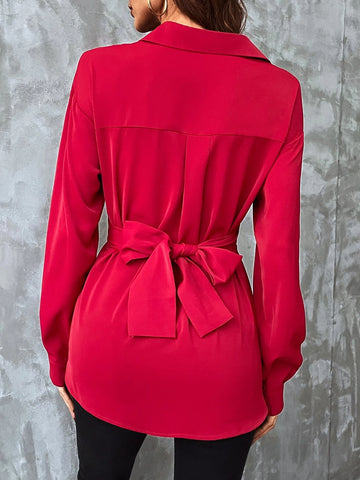 Solid Wrap Front Tie Back Pleated Detail Blouse Solid Wrap Front Tie Back Pleated Detail Blouse