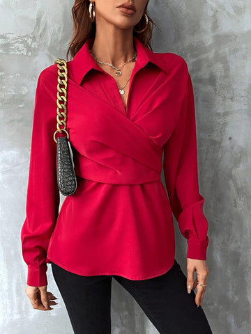Solid Wrap Front Tie Back Pleated Detail Blouse Solid Wrap Front Tie Back Pleated Detail Blouse