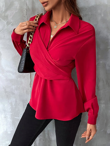 Solid Wrap Front Tie Back Pleated Detail Blouse Solid Wrap Front Tie Back Pleated Detail Blouse