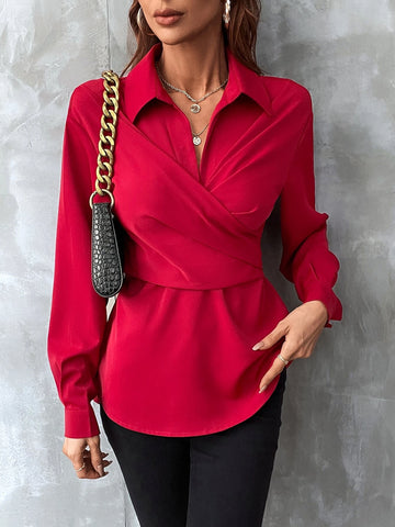 Solid Wrap Front Tie Back Pleated Detail Blouse Solid Wrap Front Tie Back Pleated Detail Blouse