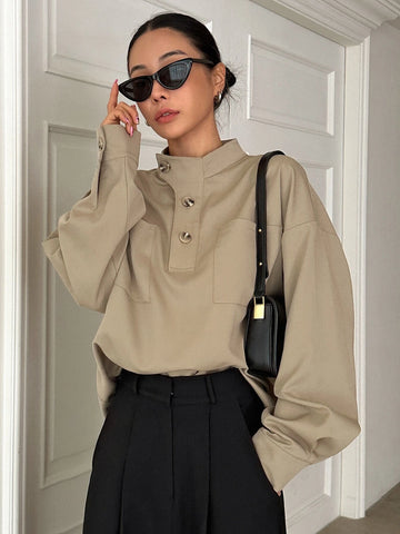 DAZY Half Button Drop Shoulder Blouse DAZY Half Button Drop Shoulder Blouse