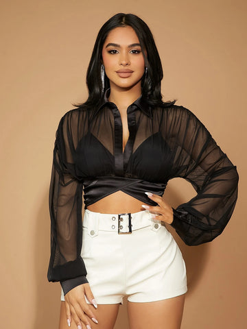 SXY Crisscross Tie Back Drop Shoulder Mesh Blouse Without Bra SXY Crisscross Tie Back Drop Shoulder Mesh Blouse Without Bra