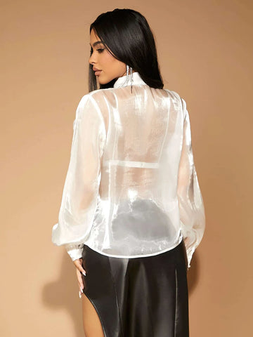 SXY Tie Neck Lantern Sleeve Organza Blouse Without Bra SXY Tie Neck Lantern Sleeve Organza Blouse Without Bra