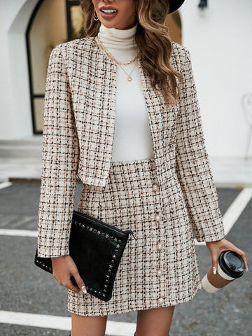 Plaid Print Open Front Jacket & Skirt Plaid Print Open Front Jacket & Skirt
