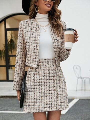 Plaid Print Open Front Jacket & Skirt Plaid Print Open Front Jacket & Skirt