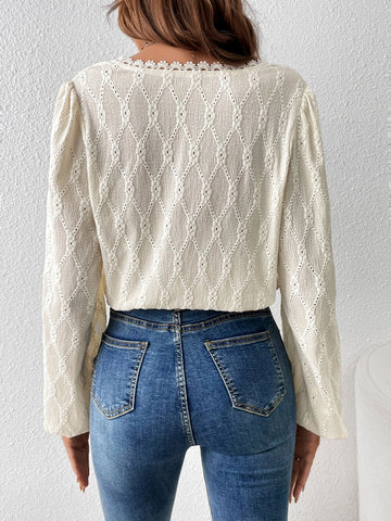 Solid Guipure Lace Trim Lantern Sleeve Blouse Solid Guipure Lace Trim Lantern Sleeve Blouse