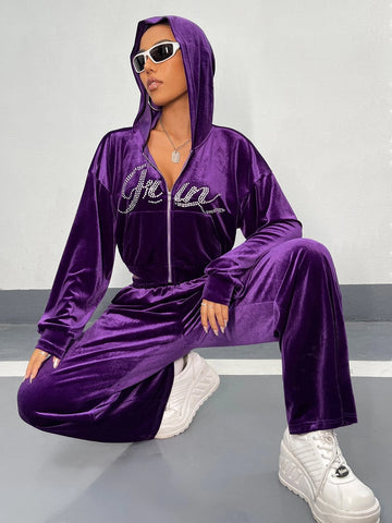 Rhinestone Letter Drop Shoulder Velvet Hoodie & Sweatpants Rhinestone Letter Drop Shoulder Velvet Hoodie & Sweatpants