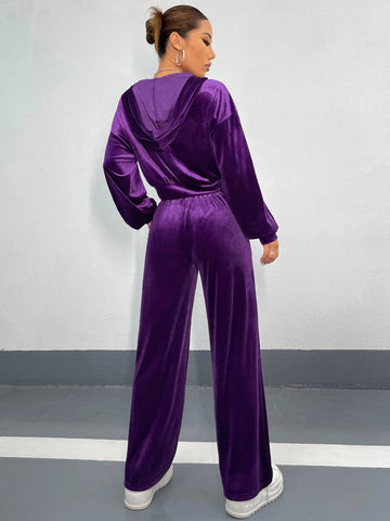 Rhinestone Letter Drop Shoulder Velvet Hoodie & Sweatpants Rhinestone Letter Drop Shoulder Velvet Hoodie & Sweatpants