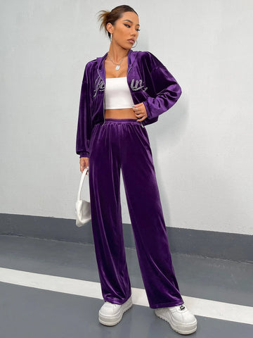 Rhinestone Letter Drop Shoulder Velvet Hoodie & Sweatpants Rhinestone Letter Drop Shoulder Velvet Hoodie & Sweatpants