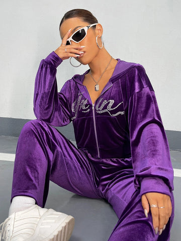Rhinestone Letter Drop Shoulder Velvet Hoodie & Sweatpants Rhinestone Letter Drop Shoulder Velvet Hoodie & Sweatpants