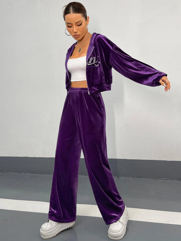 Rhinestone Letter Drop Shoulder Velvet Hoodie & Sweatpants Rhinestone Letter Drop Shoulder Velvet Hoodie & Sweatpants