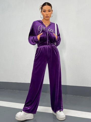 Rhinestone Letter Drop Shoulder Velvet Hoodie & Sweatpants Rhinestone Letter Drop Shoulder Velvet Hoodie & Sweatpants