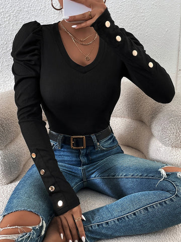 Button Detail Gigot Sleeve Tee Button Detail Gigot Sleeve Tee