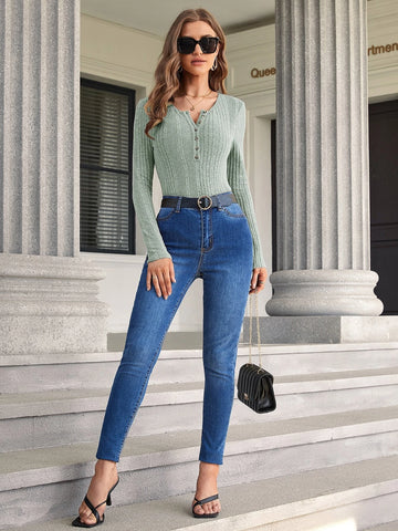 Ribbed Knit Half Button Tee Ribbed Knit Half Button Tee