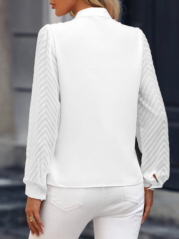 Notched Neckline Contrast Mesh Blouse Notched Neckline Contrast Mesh Blouse