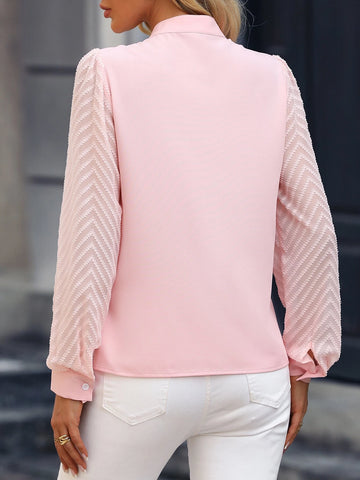 Notched Neckline Contrast Mesh Blouse Notched Neckline Contrast Mesh Blouse