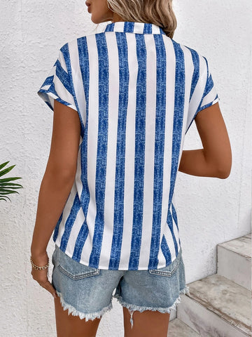 Striped Notched Neck Batwing Sleeve Blouse Striped Notched Neck Batwing Sleeve Blouse