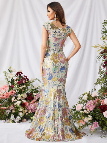 Floral Sequin Pattern Split Thigh Dress Floral Sequin Pattern Split Thigh Dress