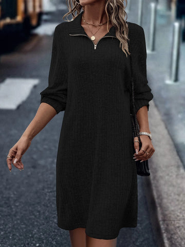 Zipper Half Placket Drop Shoulder Tee Dress Without Belt Zipper Half Placket Drop Shoulder Tee Dress Without Belt