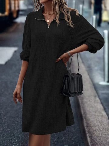 Zipper Half Placket Drop Shoulder Tee Dress Without Belt Zipper Half Placket Drop Shoulder Tee Dress Without Belt