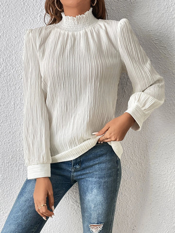 Frill Trim Mock Neck Lantern Sleeve Blouse Frill Trim Mock Neck Lantern Sleeve Blouse