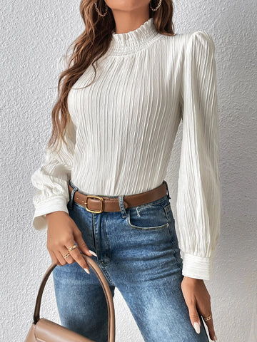 Frill Trim Mock Neck Lantern Sleeve Blouse Frill Trim Mock Neck Lantern Sleeve Blouse