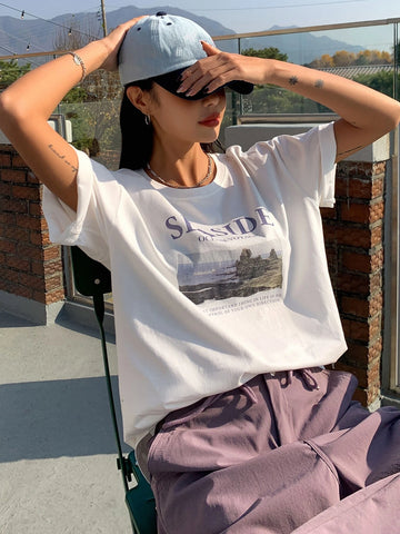 DAZY Landscape & Slogan Graphic Drop Shoulder Tee DAZY Landscape & Slogan Graphic Drop Shoulder Tee