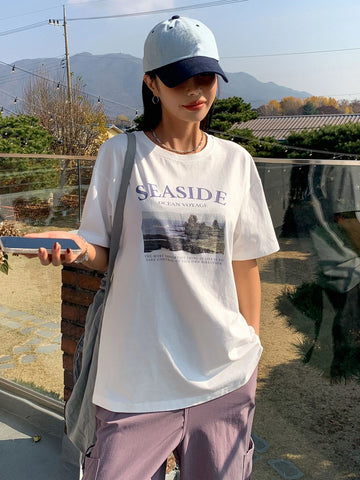 DAZY Landscape & Slogan Graphic Drop Shoulder Tee DAZY Landscape & Slogan Graphic Drop Shoulder Tee