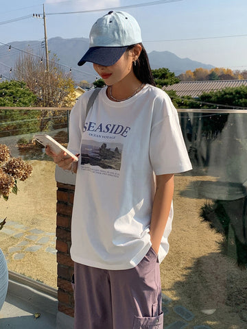 DAZY Landscape & Slogan Graphic Drop Shoulder Tee DAZY Landscape & Slogan Graphic Drop Shoulder Tee