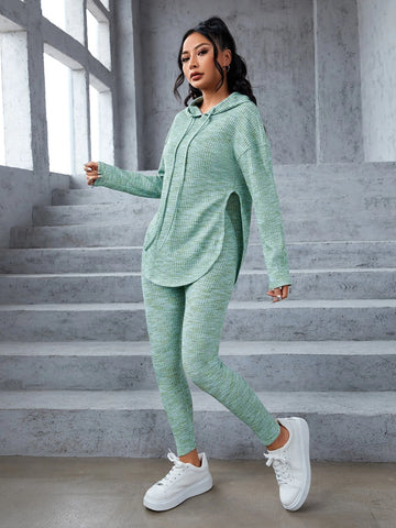 Space Dye Drop Shoulder Split Hem Drawstring Hoodie & Leggings Space Dye Drop Shoulder Split Hem Drawstring Hoodie & Leggings
